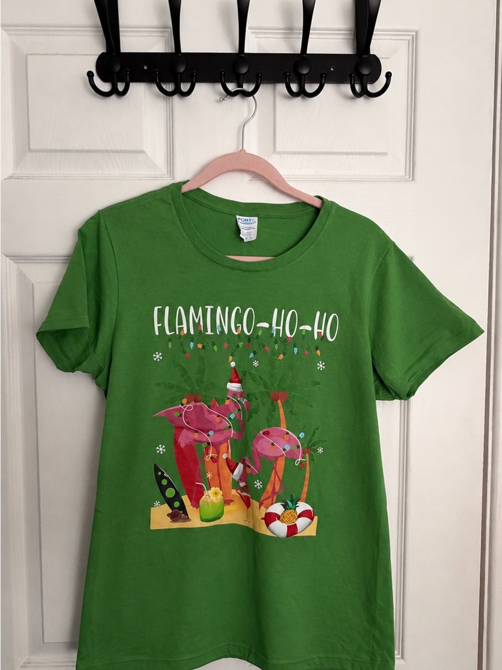 Port and Company Green Flamingo-Ho-Ho Graphic Tee - Picture 1 of 3